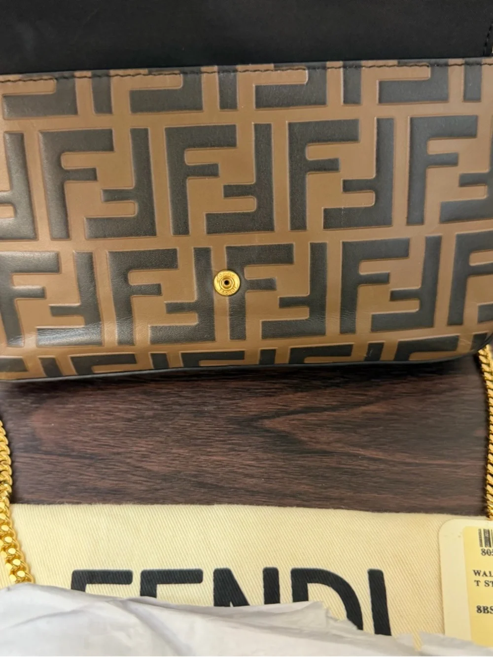 Fendi FF Zucca Wallet on Chain Brown Bicolor Gold Chain WOC 8BS032 - Picture 4 of 14